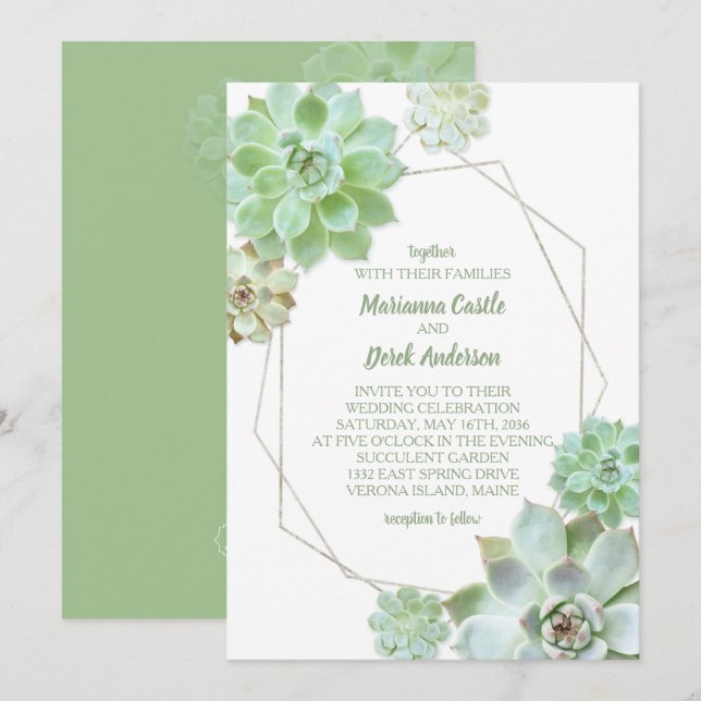 Green Succulents Geometric Wedding Invitation (Front/Back)
