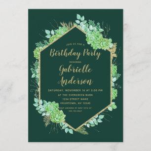 Green Succulents Gold Birthday Party Invitation