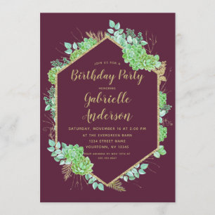 Green Succulents Gold Birthday Party Invitation