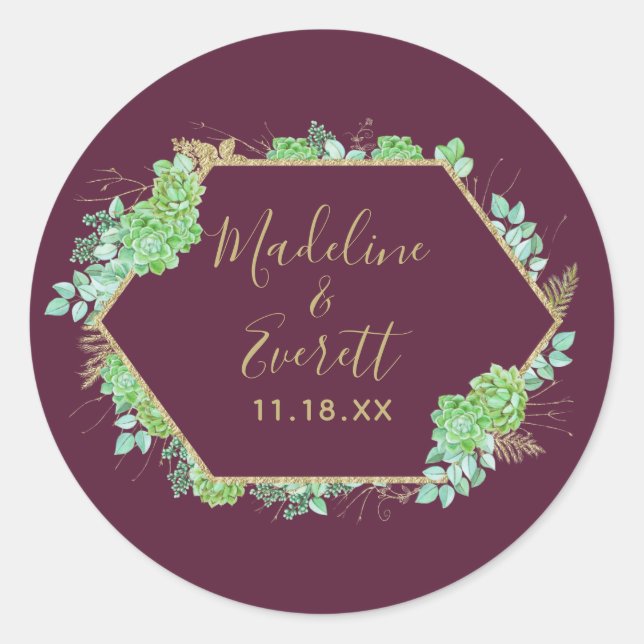 Green Succulents Gold Frame Monogram Wedding Classic Round Sticker (Front)
