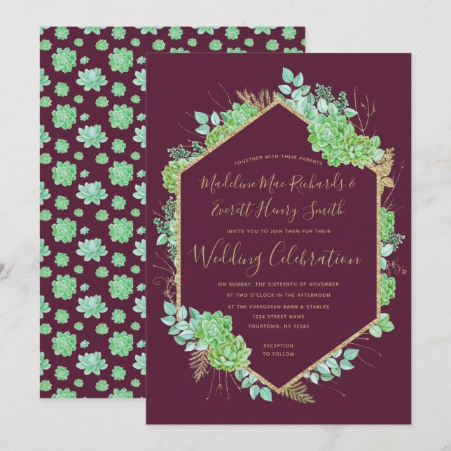 Green Succulents Gold Frame Wedding Invitation (Front/Back)