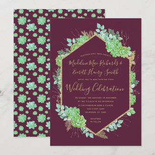 Green Succulents Gold Frame Wedding Invitation