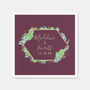 Green Succulents Gold Frame Wedding Monogram Napkin