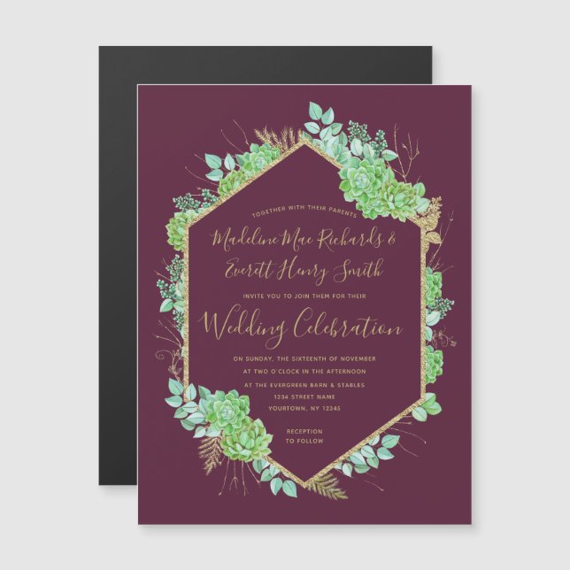 Green Succulents Gold Magnetic Wedding Invitation (Front/Back)