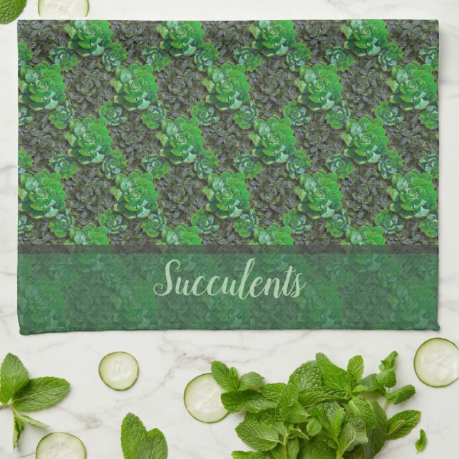 Green Succulents Lattice Pattern Kitchen Towels (Folded)