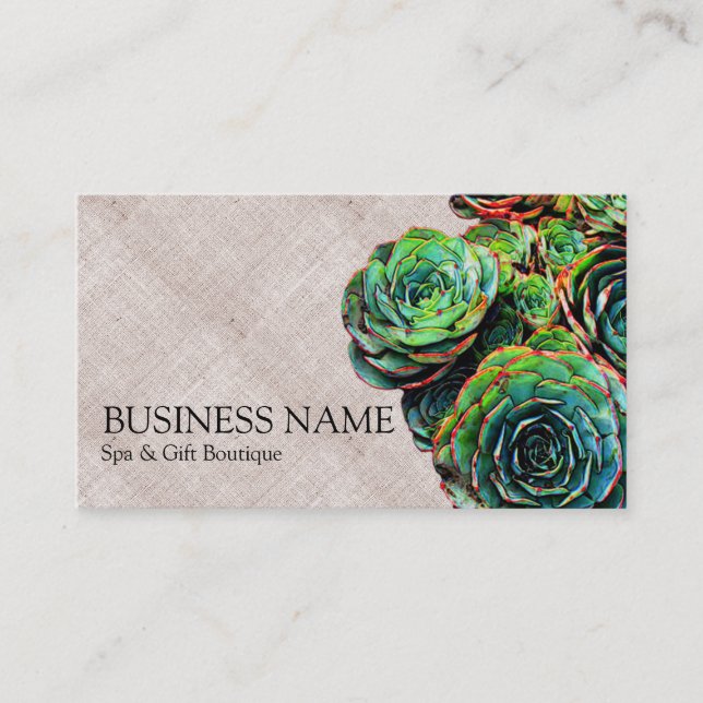 Green Succulents on Faux Burlap Modern Chic Business Card (Front)