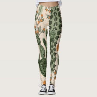 Green succulents, orange flowers, beach wallpaper. leggings
