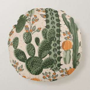 Green succulents, orange flowers, beach wallpaper. round cushion