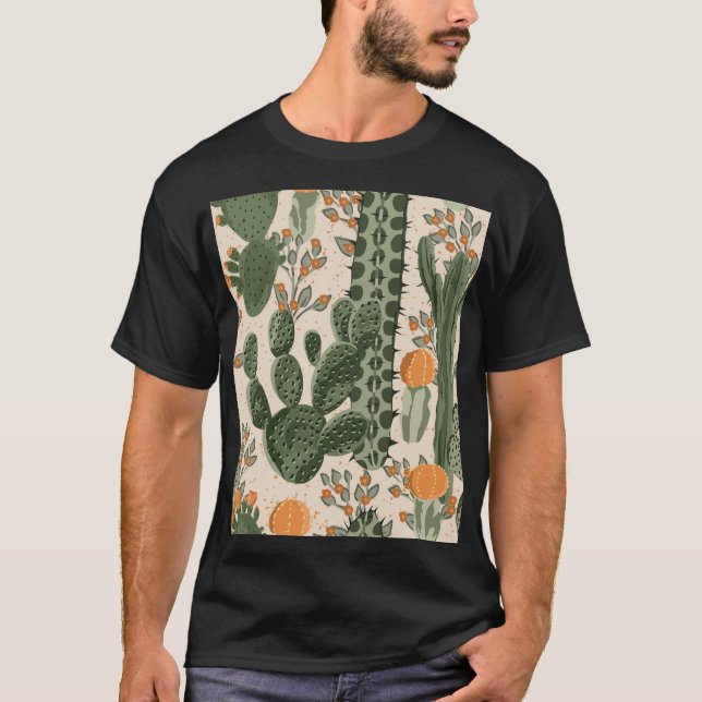 Green succulents, orange flowers, beach wallpaper. T-Shirt (Front)