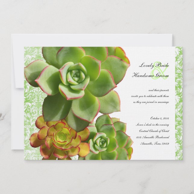 Green Succulents Vintage Damask Wedding Invitation (Front)