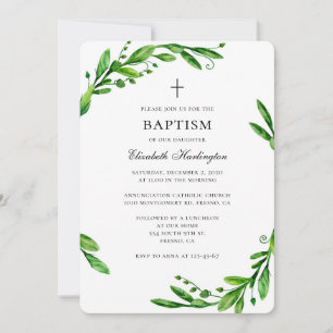 Green summer baptism invitation. Watercolor leaves Invitation