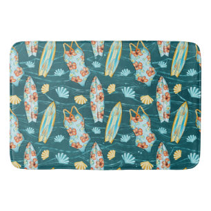 GREEN SUMMER BATHING SUITS SURFBOARDS AND SEASHELL BATH MAT