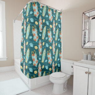 GREEN SUMMER BATHING SUITS SURFBOARDS AND SEASHELL SHOWER CURTAIN