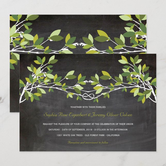 Green Summer Knotted Love Tree Chalkboard Wedding Invitation (Front/Back)