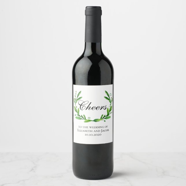 Green summer wine glass. Greenery cheers wedding Wine Label (Front)