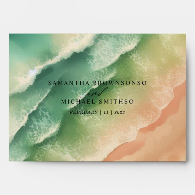 Green Sun Ocean Beach Summer Party Wedding Envelope (Front)
