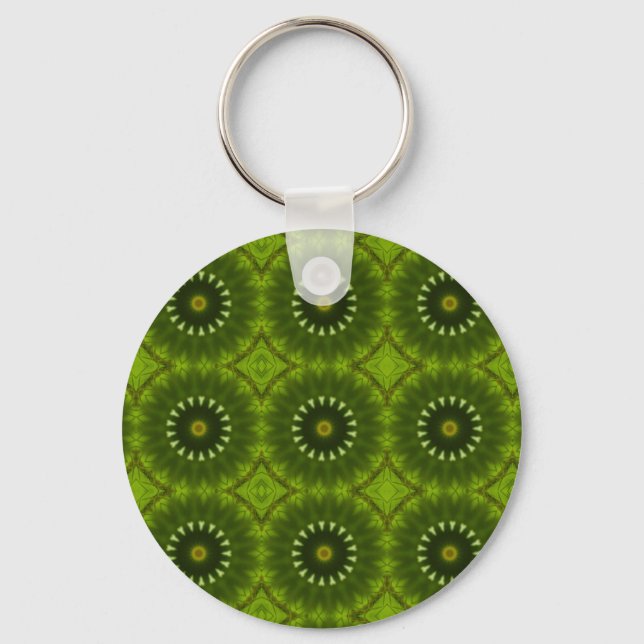 Green Sunburst Abstract Kaleidoscope Pattern Key Ring (Front)