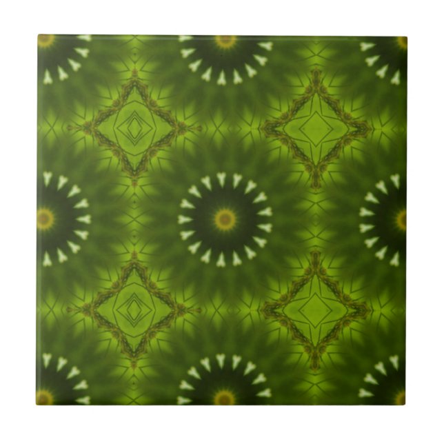 Green Sunburst Abstract Kaleidoscope Pattern Tile (Front)