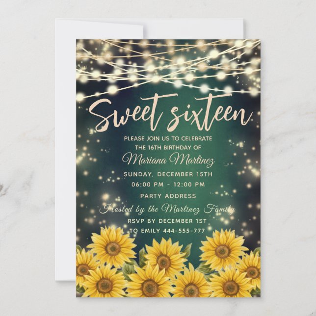 Green Sunflower  String lights gold sparkle  Invitation (Front)