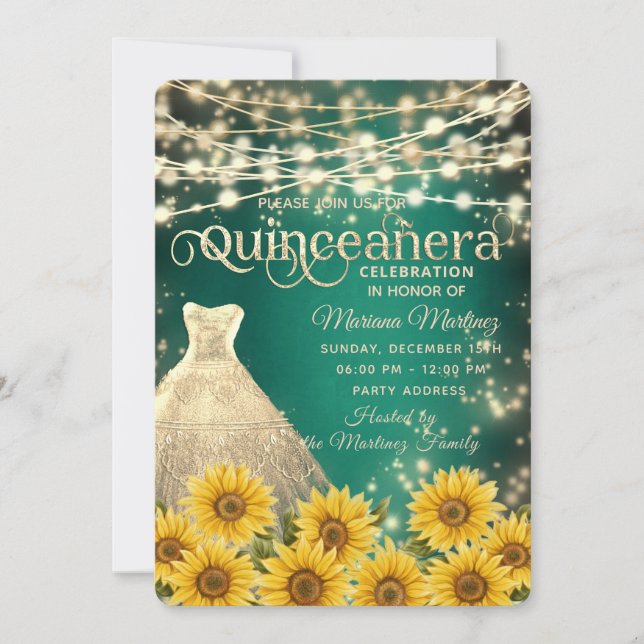 Green Sunflower  String lights gold sparkle quince Invitation (Front)