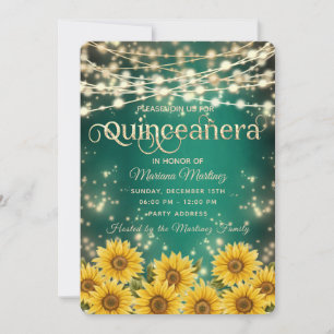 Green Sunflower  String lights gold sparkle quince Invitation