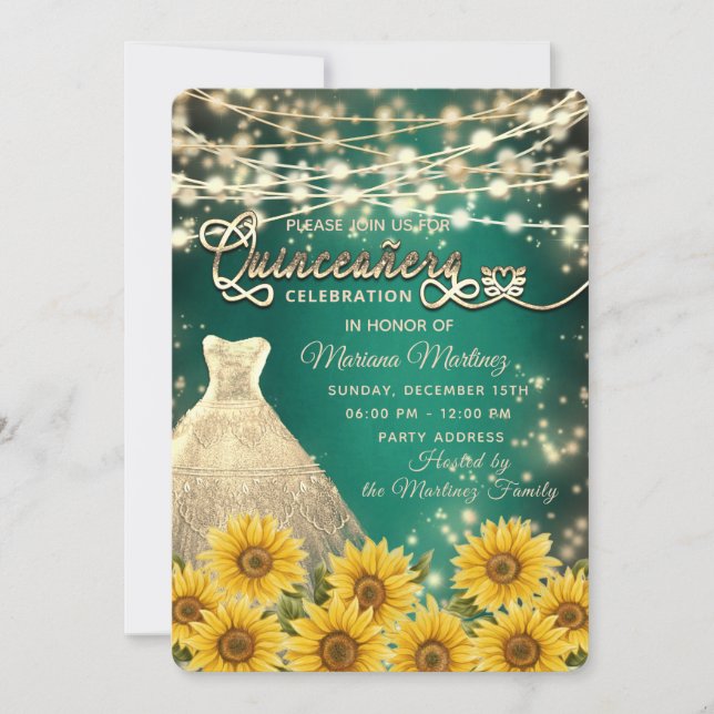 Green Sunflower  String lights gold sparkle quince Invitation (Front)