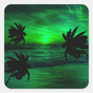 GREEN SUNSETS OCEAN SCENIC   SQUARE STICKER