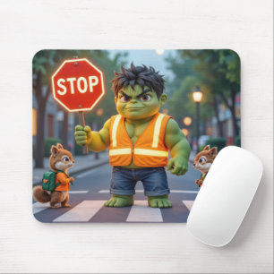Green Superhero Crossing Guard With Chipmunks Mouse Mat