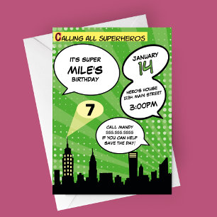 Green Superheros Comic Book Styled Birthday Party Invitation