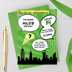Green Superheros Comic Book Styled Birthday Party Invitation