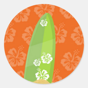 Green Surf Board on Orange Ibiscus Background Classic Round Sticker