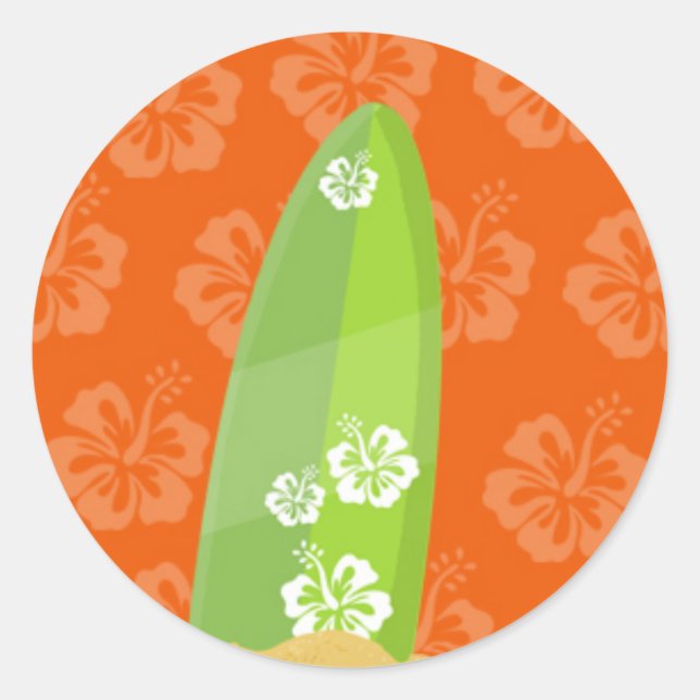 Green Surf Board on Orange Ibiscus Background Classic Round Sticker (Front)