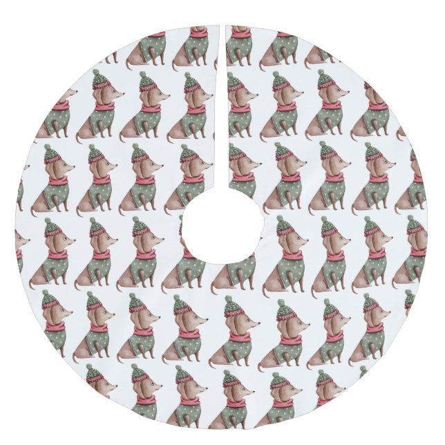 Green Sweater & Hat Dachshund Christmas Tree Skirt (Front)