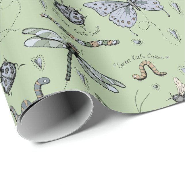 Green Sweet Little Critter Baby Bugs Insects Kids Wrapping Paper (Roll Corner)