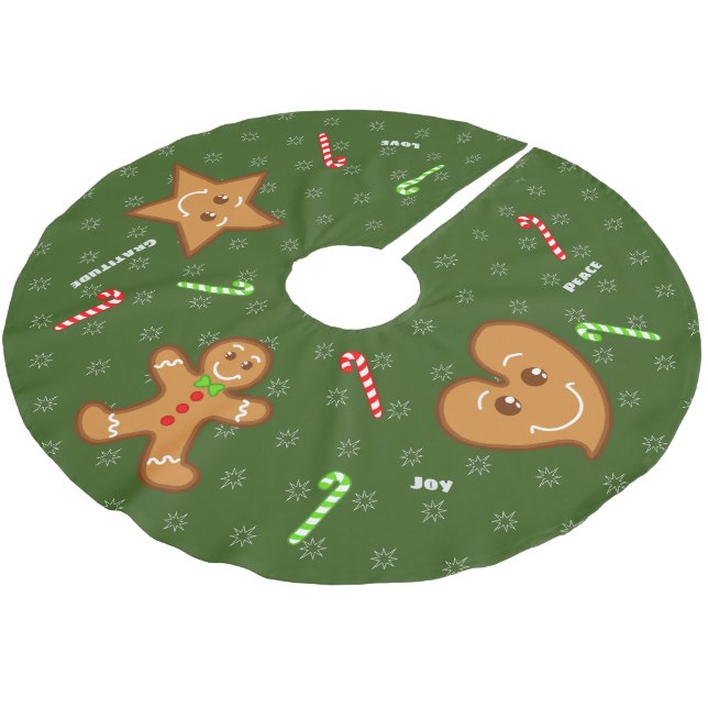 Green sweet XmaS Gingerbread Pals-Candy Cane Text Brushed Polyester Tree Skirt (Angled)