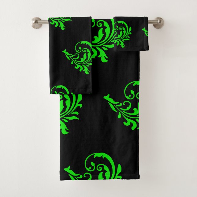 Green Swirl & Black Bathroom Towel Set (Insitu)