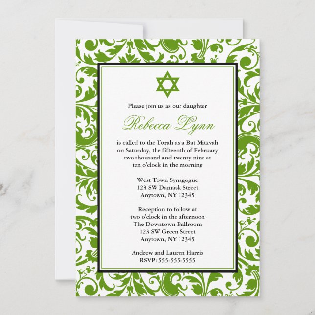 Green Swirl Damask Bat Mitzvah Invitations (Front)