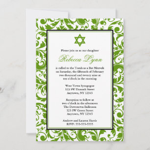 Green Swirl Damask Bat Mitzvah Invitations