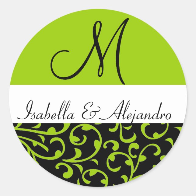 Green Swirl Damask Monogram Wedding Labels (Front)