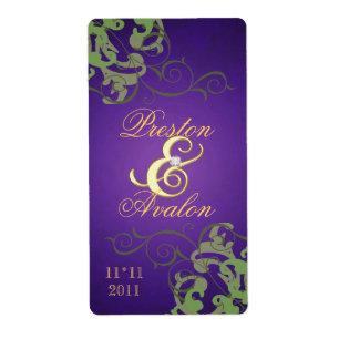 Green Swirl Gold Jewelled Purple Wine Label