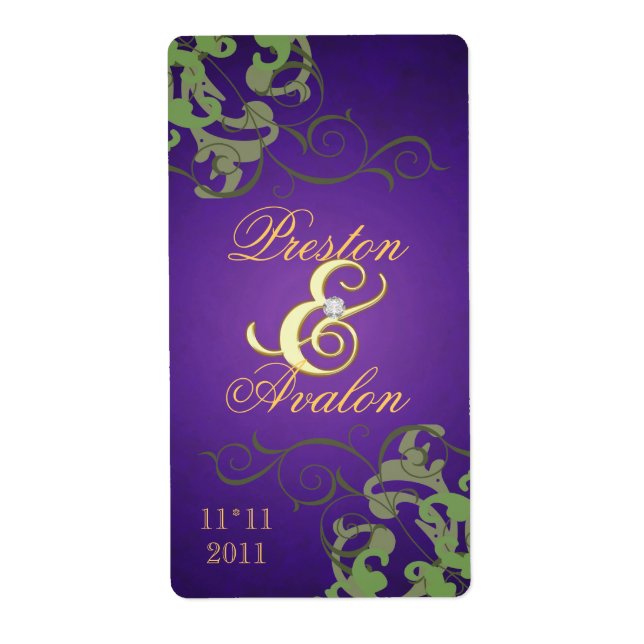 Green Swirl Gold Jewelled Purple Wine Label (Front)