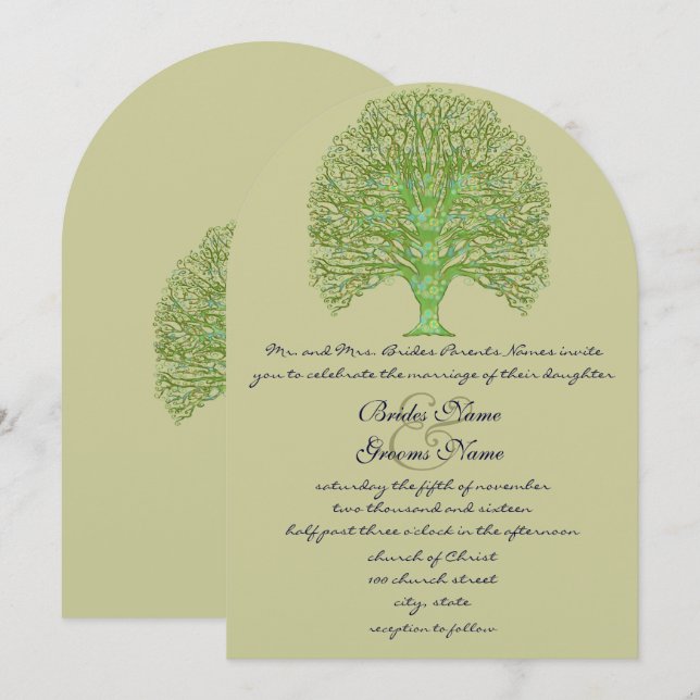 Green Swirl Love Tree Wedding Invitation (Front/Back)
