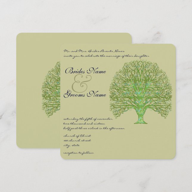 Green Swirl Love Tree Wedding Invitation (Front/Back)