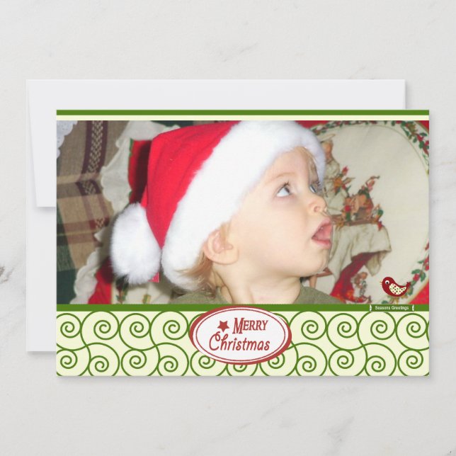 Green Swirls Customised Holiday Photo Card (Front)