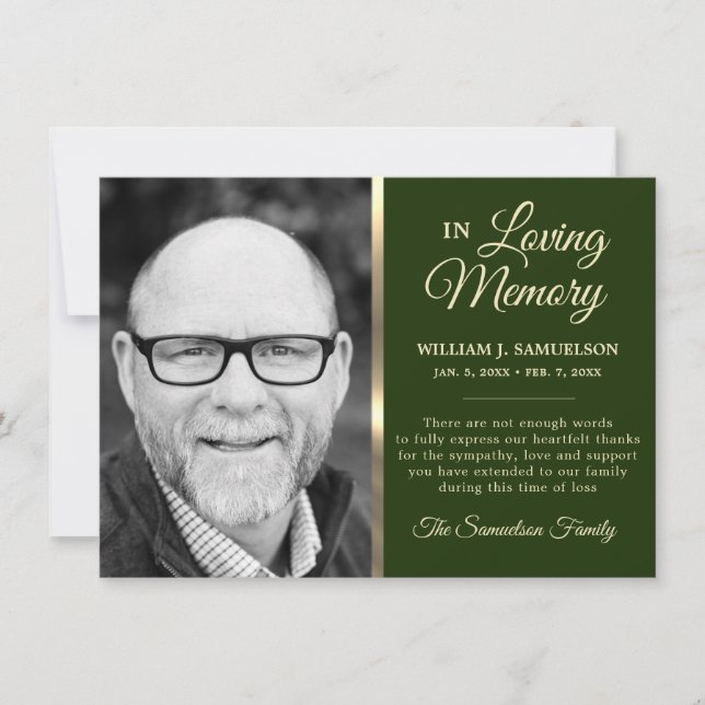 Green Sympathy Funeral Memory THANK YOU Photo Invitation (Front)