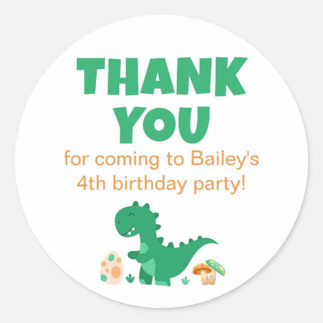 Green T-Rex Birthday Party Thank You Classic Round Sticker (Front)
