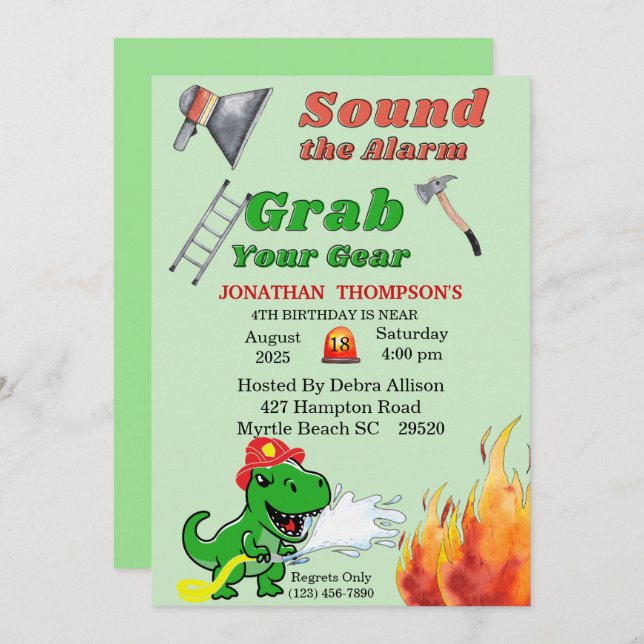 Green T Rex Firemans 4th Birthday Party Invitation (Front/Back)