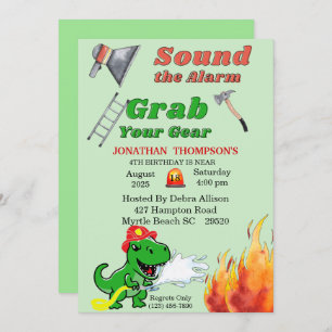 Green T Rex Firemans 4th Birthday Party Invitation