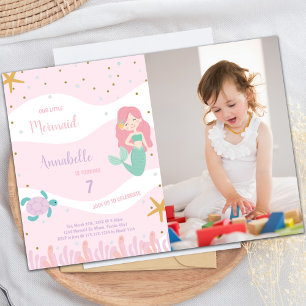 Green Tail Mermaid Birthday Invitations with photo