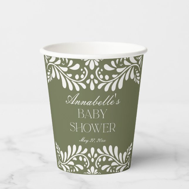 Green Talavera Tile Spanish Fiesta Baby Shower Paper Cups (Front)